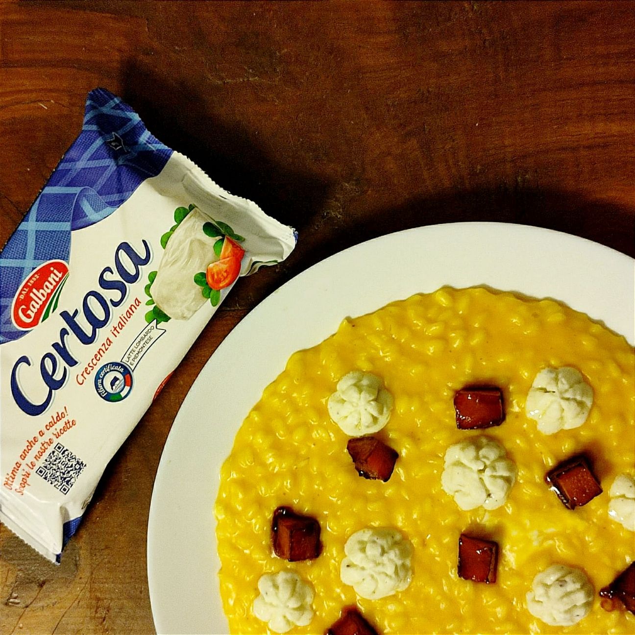Risotto alla zucca e certosa con cubi di zucca caramellati al vino rosso e certosa aromatizzata al basilico