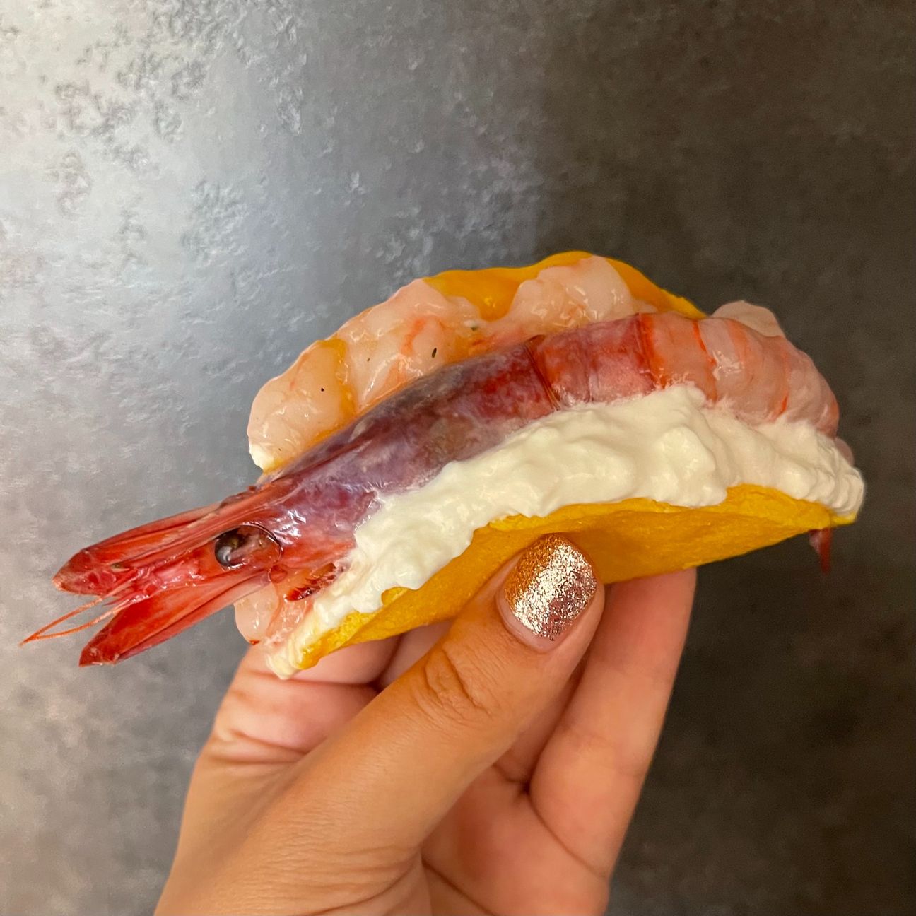 Tacos con gambero viola, burrata e mango.