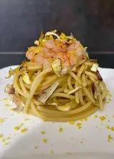 Ricetta Spaghetti quadrati con tartare di gambero rosso, carciofi e bottarga