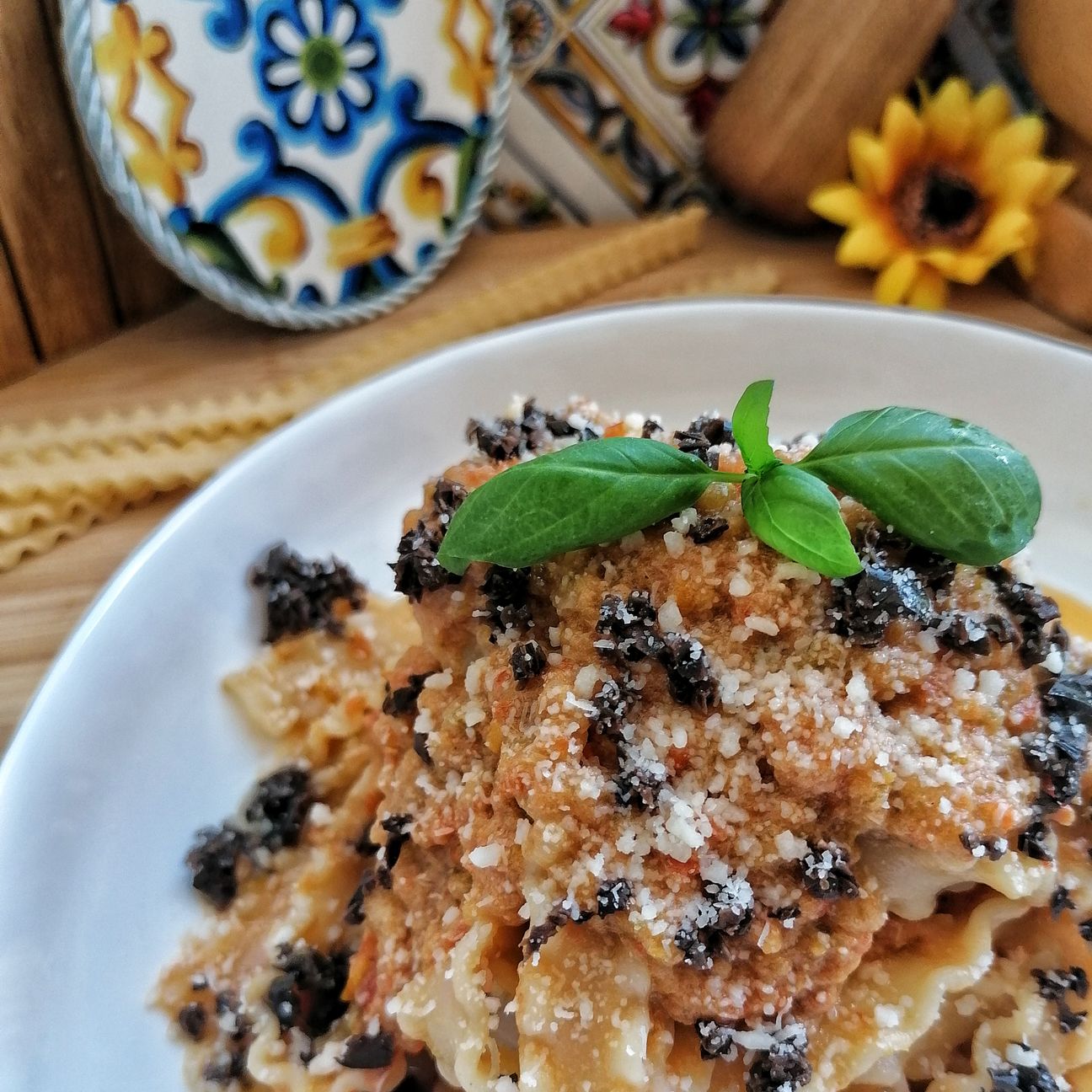 Margherite con peperoni e tonno con aggiunta di olive nere.