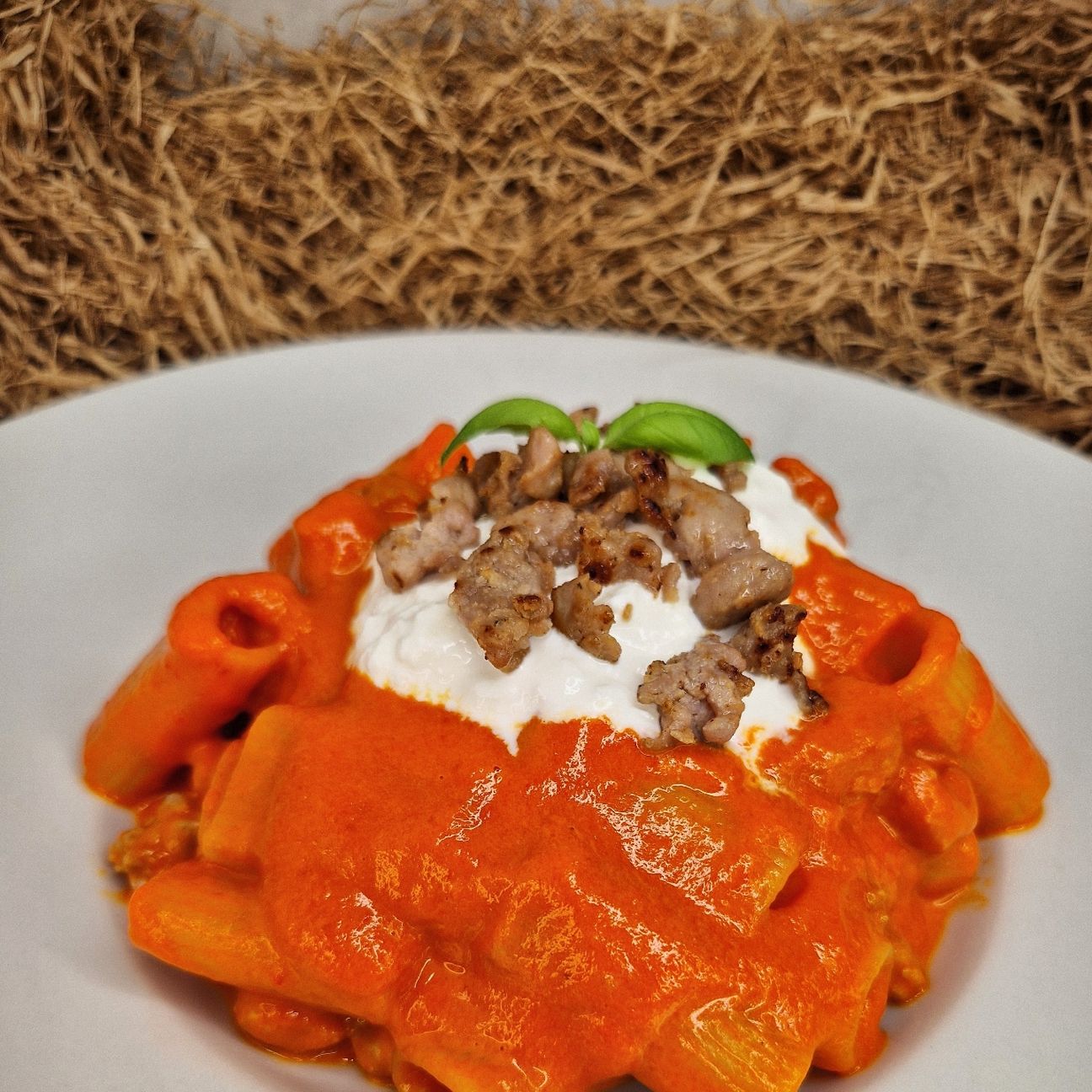 Rigatoni Pasta Garofalo con crema di peperone rosso, stracciatella di bufala e salsiccia 💥