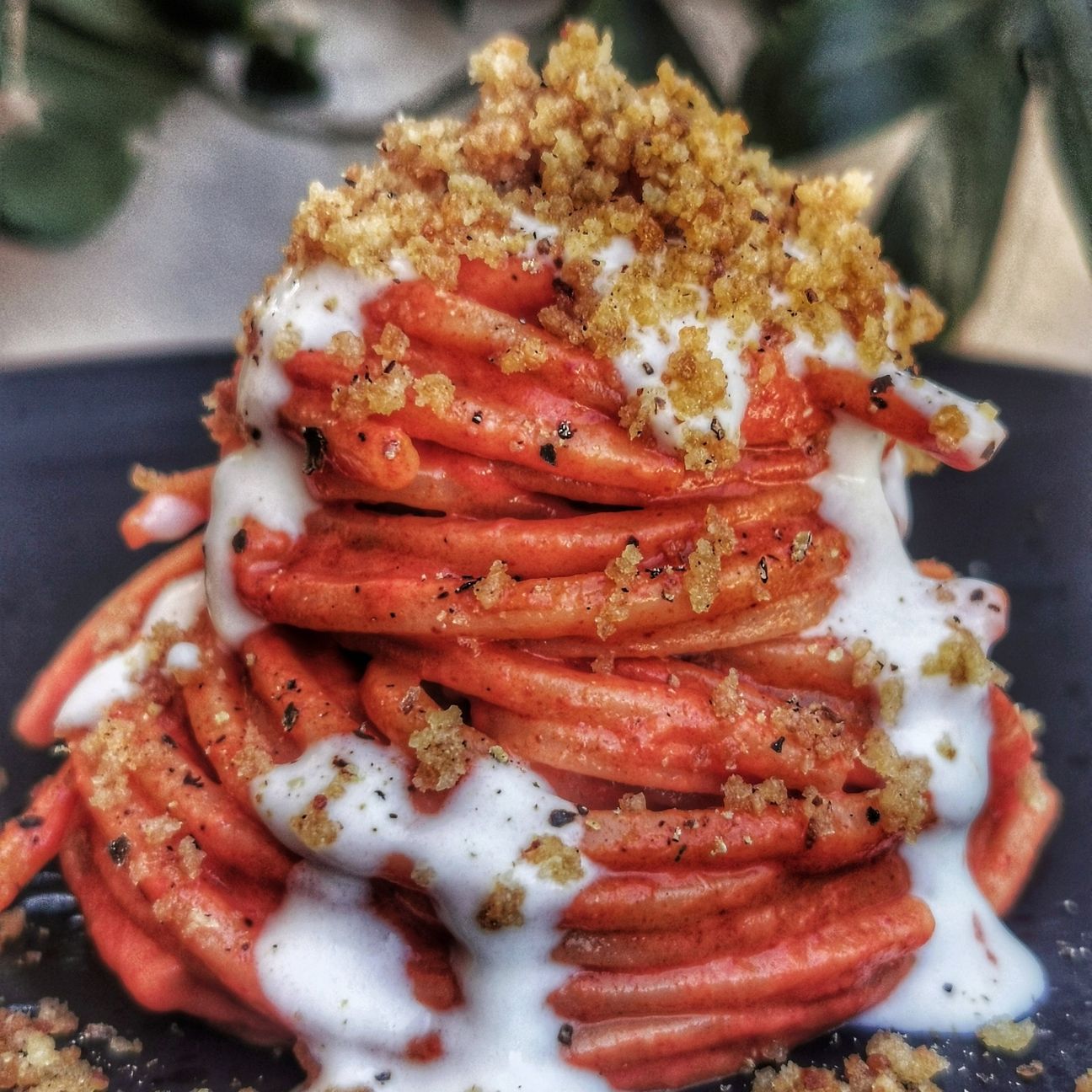 Pici con crema di peperoni arrostiti e taleggio