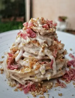 Ricetta Tagliatelle con crema di nocciole e coppa croccante di Pranz.0cena