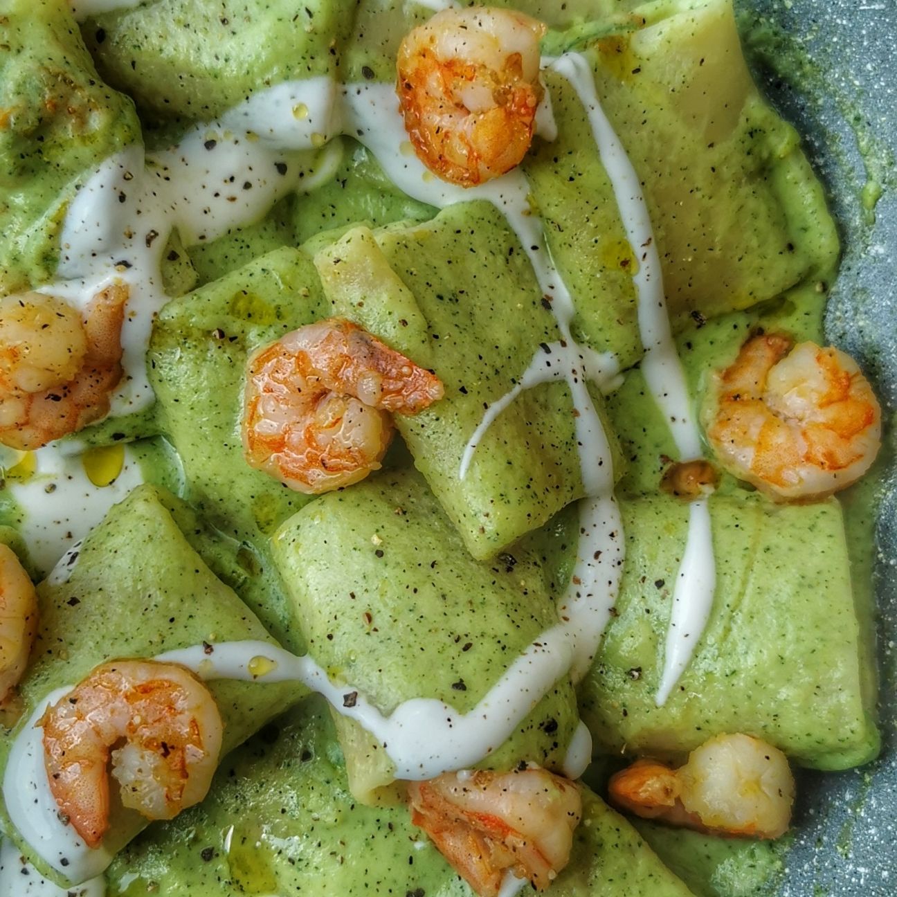 Paccheri con crema di zucchine, gamberetti e robiola