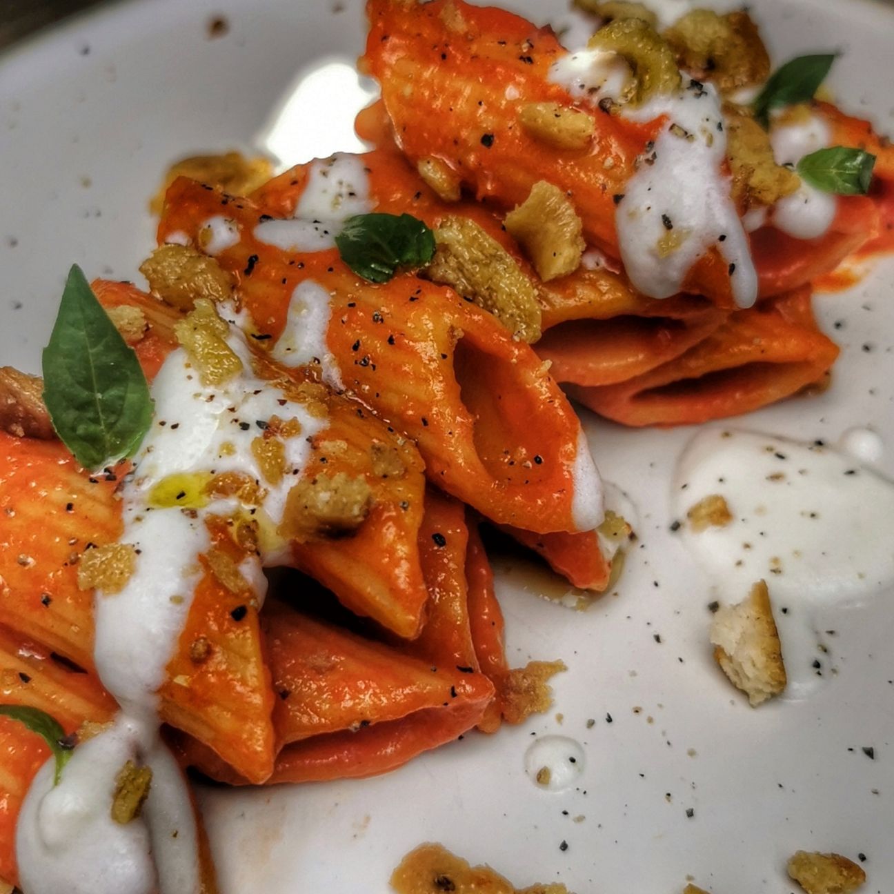 PENNONI CON CREMA DI PEPERONI, FONDUTA DI SCAMORZA E TARALLO CROCCANTE