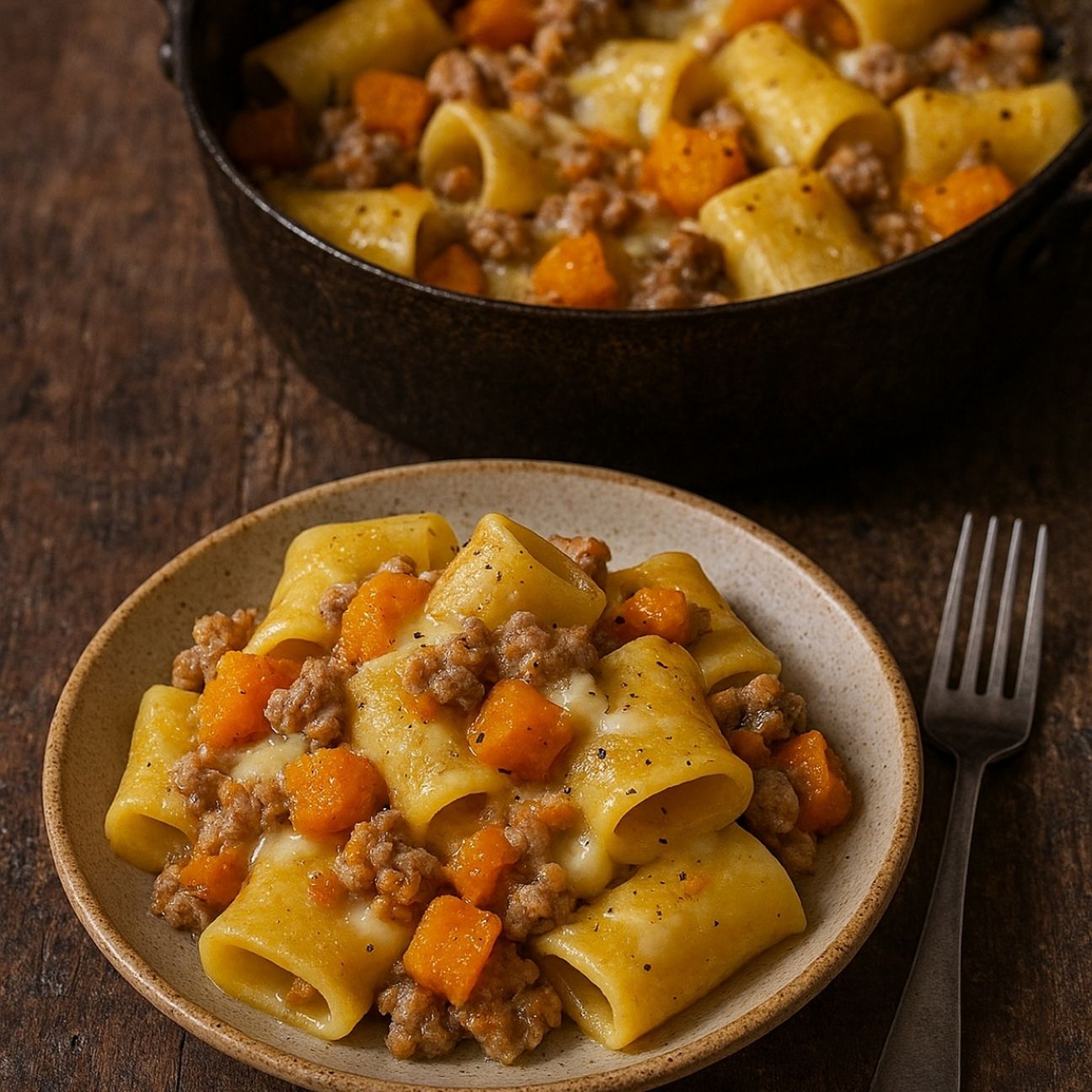 Paccheri con zucca, salsiccia e provola