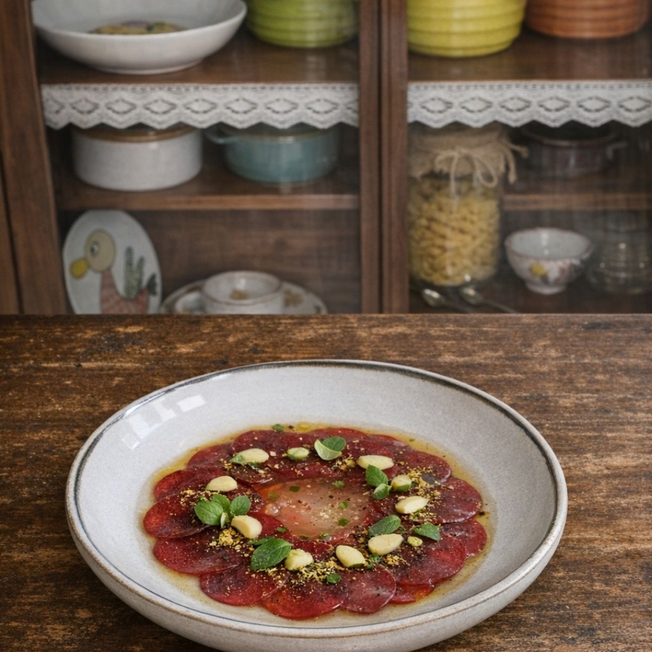 Carpaccio di barbabietola affumicata, mandorle verdi e acqua di pomodoro