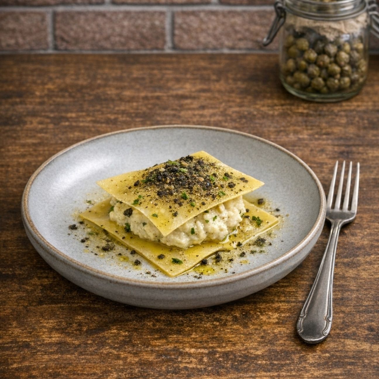 Raviolo Aperto al Baccalà Mantecato, Limone Nero e Polvere di Capperi