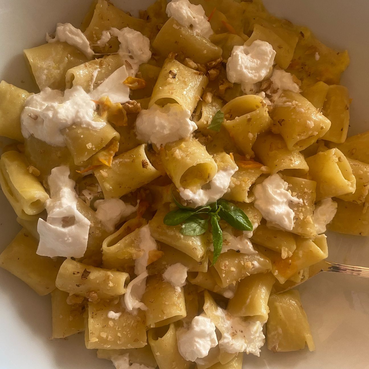 Paccheri con datterini gialli, crema di burrata al basilico e noci