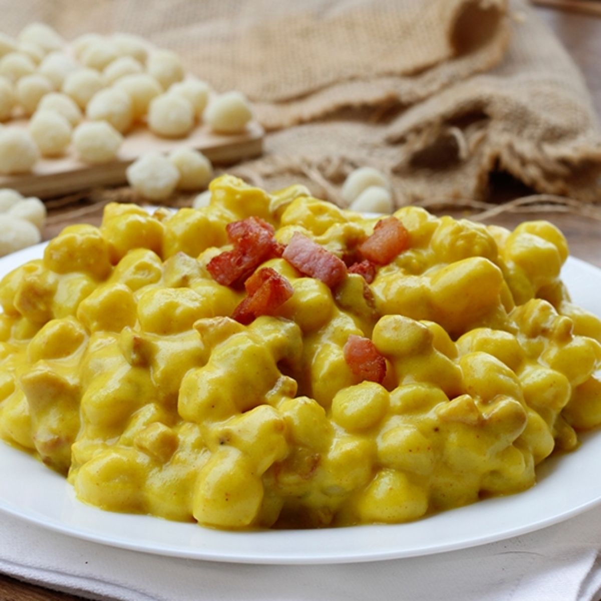 Gnocchi con Crema di Zafferano, Philadelphia e Speck