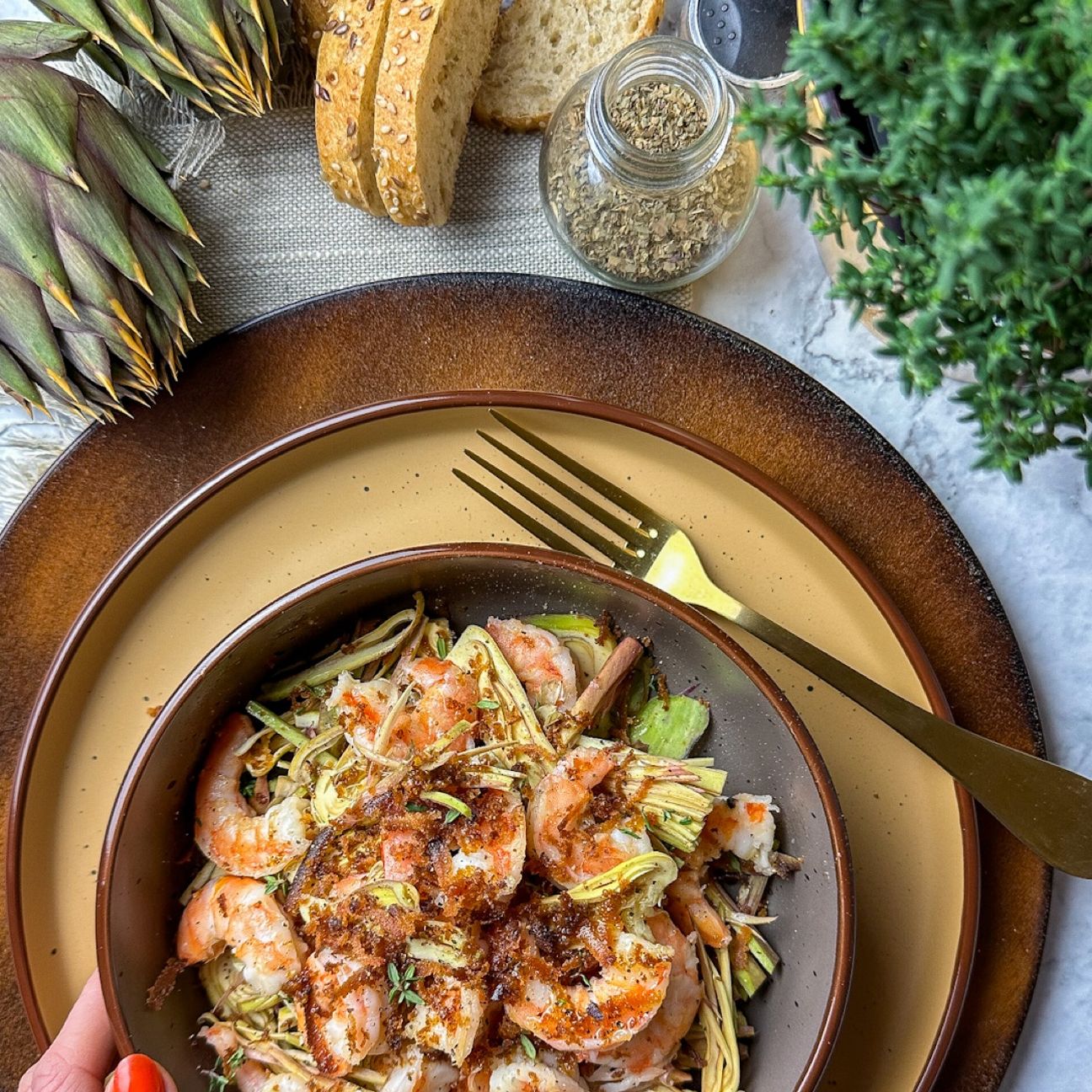 Gamberi, carciofi e Bottarga di Muggine