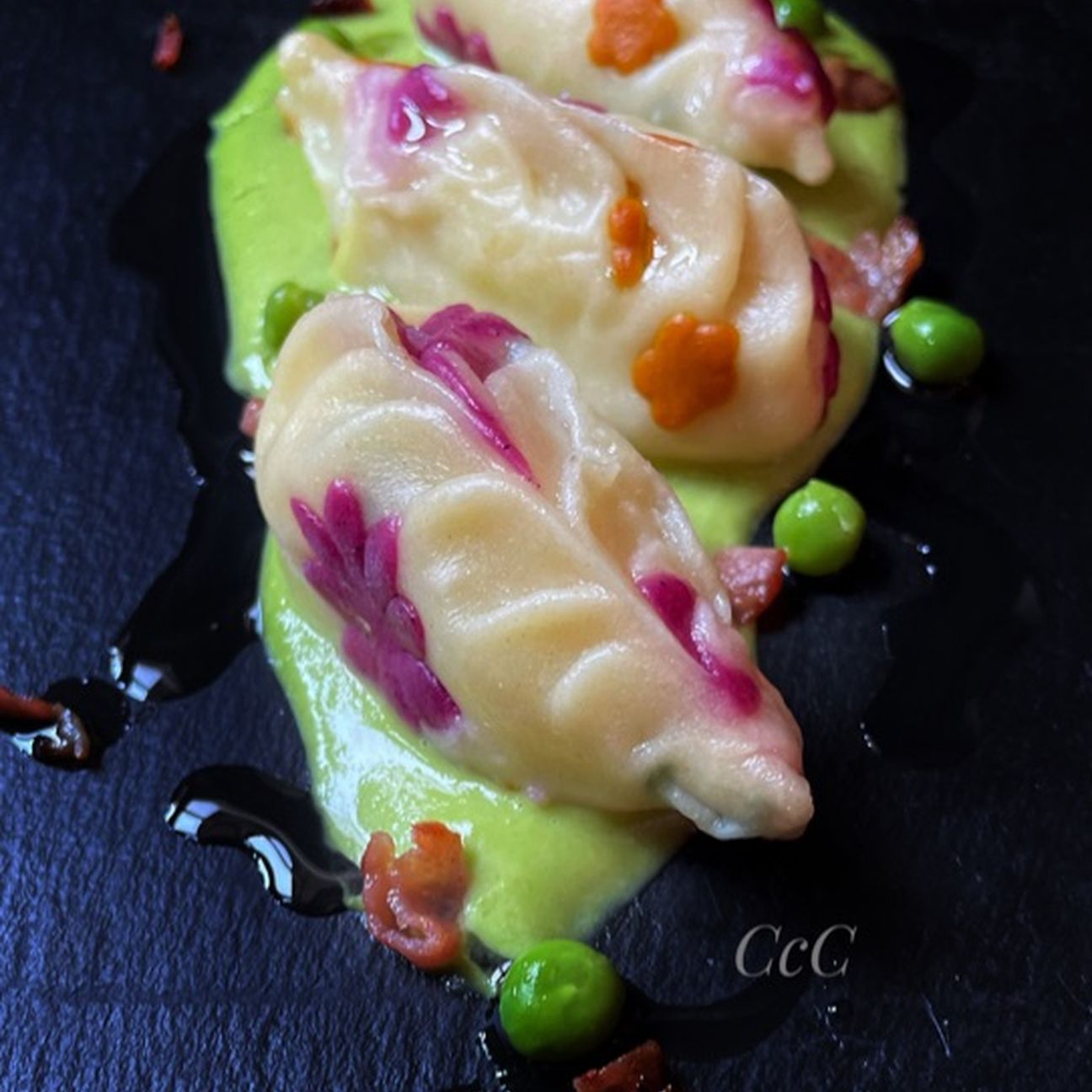 Culurgiones crema di piselli e pancetta croccante