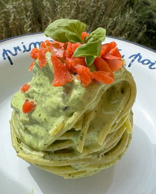 Spaghetti con crema di peperoni e pecorino sardo aromatizzato al basilico, Al.ta Cucina, Ricetta