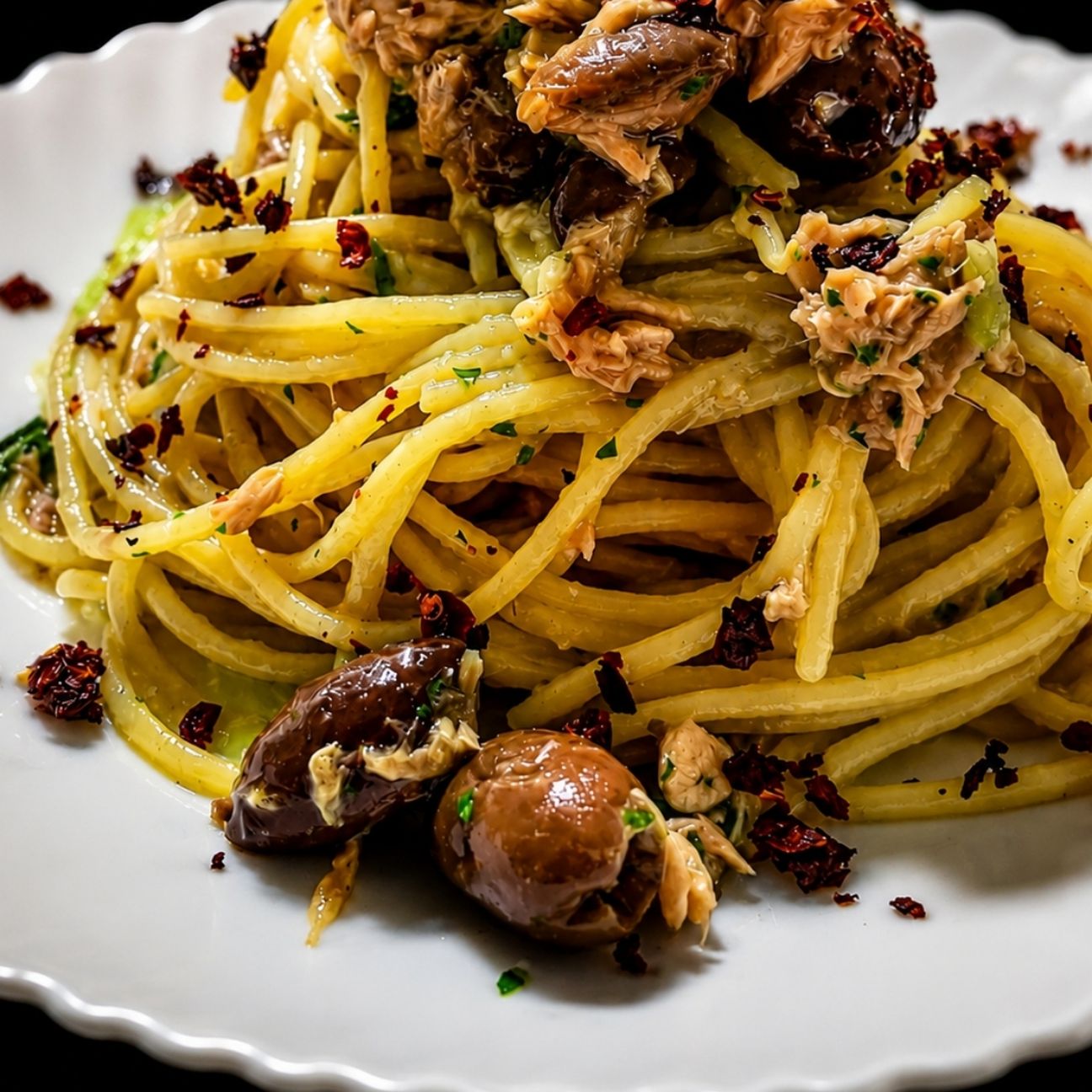 Nido di spaghetti al tonno con crema di romanesco e crusco croccante