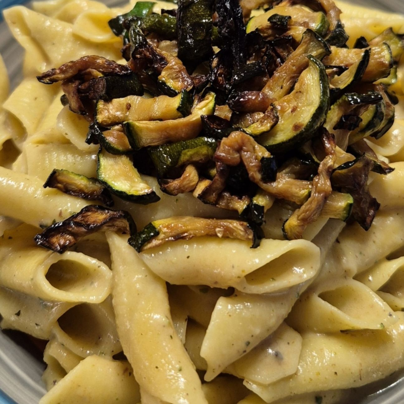 Garganelli con salmone selvaggio, panna e guarnizione di zucchine fritte,