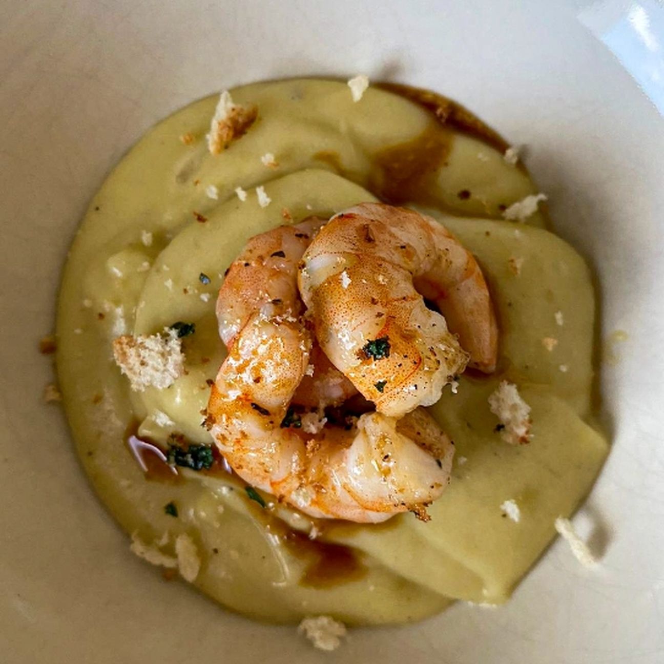 Gamberi su crema di patate