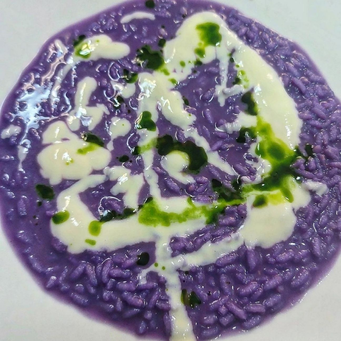 Risotto al cavolo cappuccio viola crema di parmigiano reggiano e olio al prezzemolo