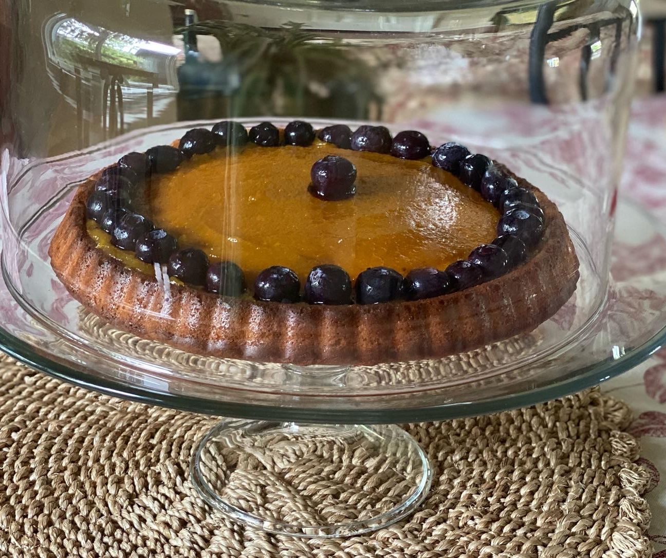 Torta soffice di albicocche in blu