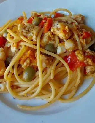 Ricetta spaghetti pomodorini, merluzzo e olive verdi saclà di annarita528