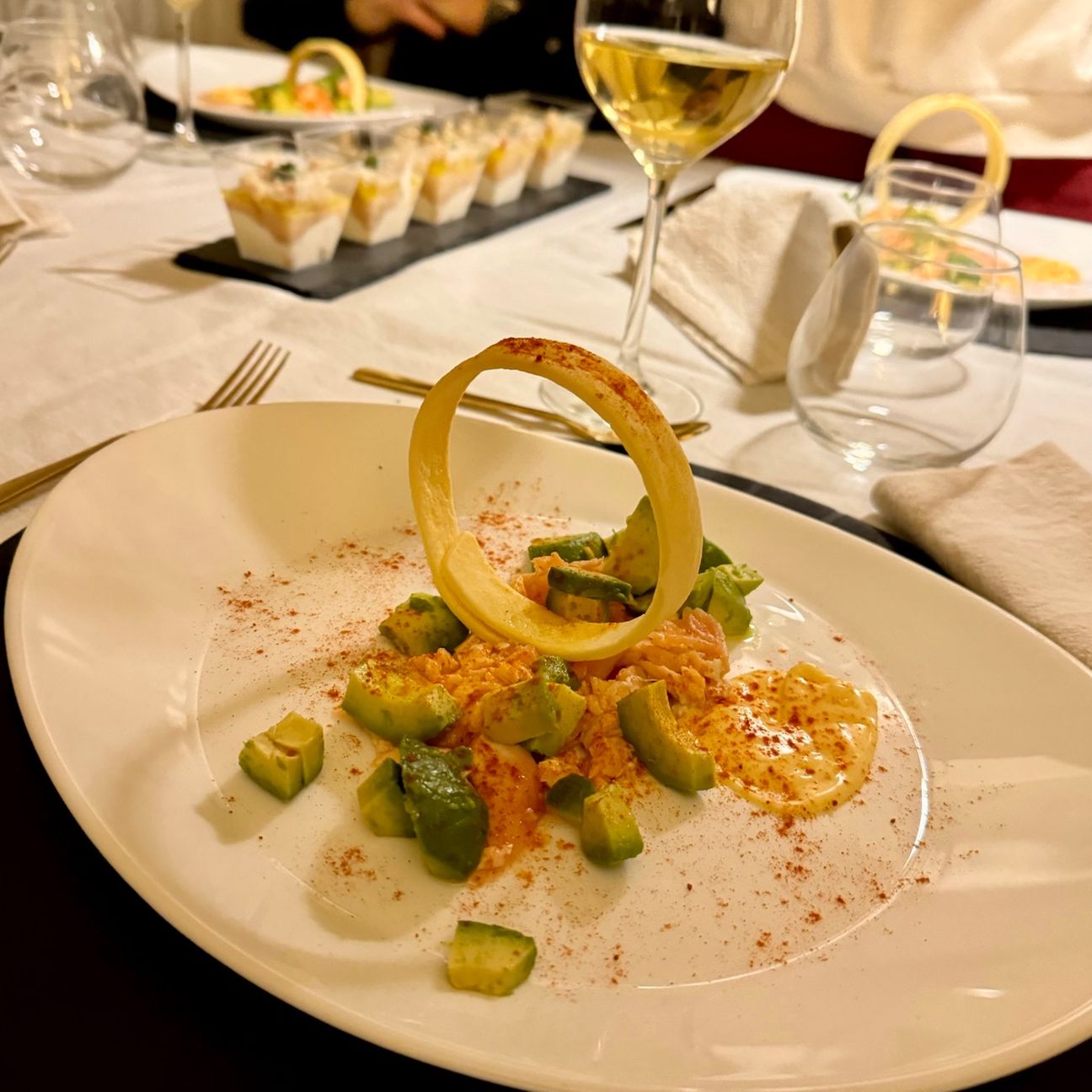 Salmone scottato con avocado e chips di pasta Brisè