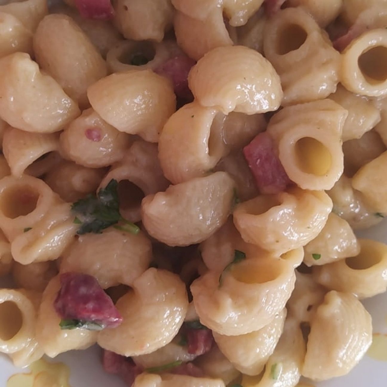 Pasta con crema di melanzane e speck
