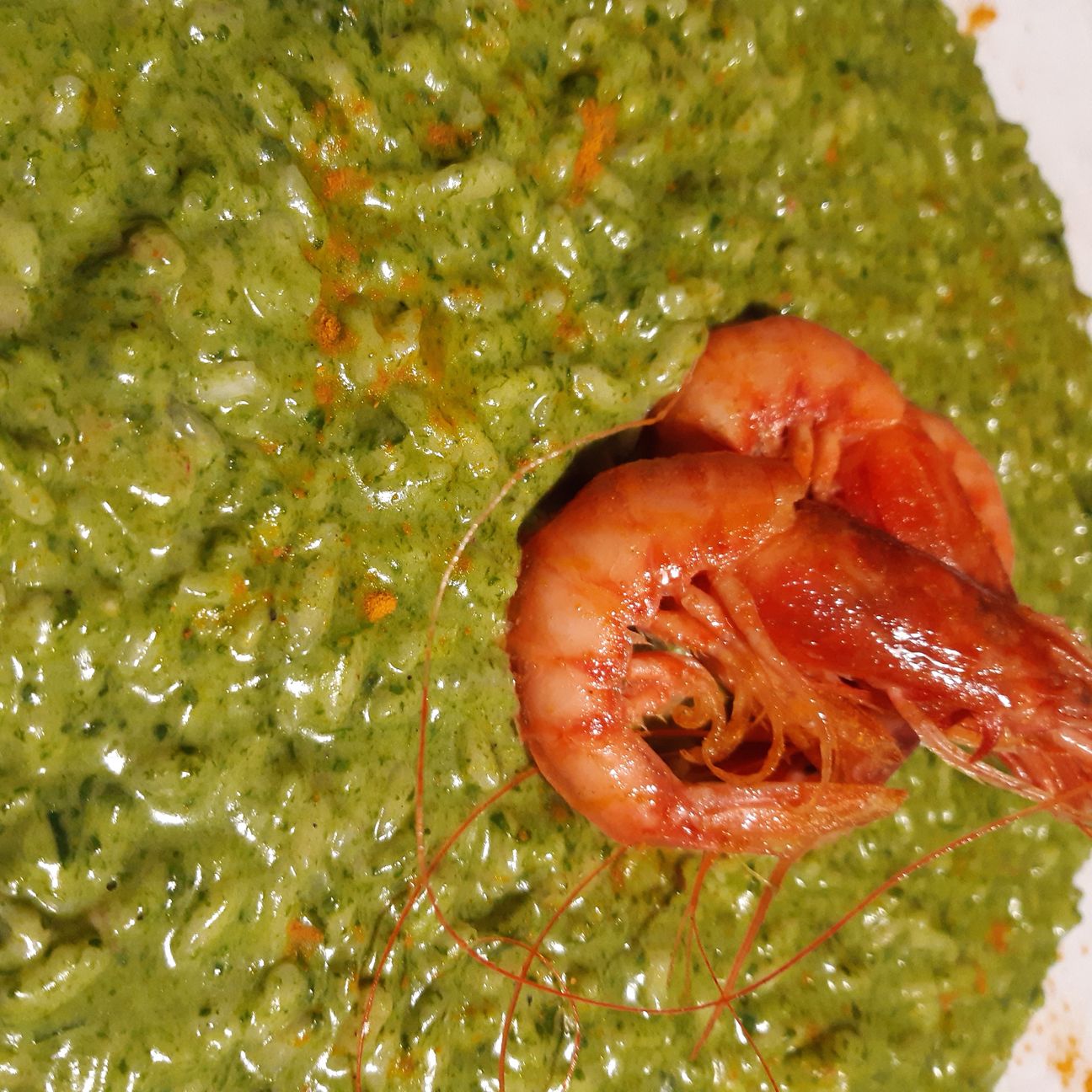 Risotto con crema di spinaci gambero rosso al brandy e profumo di curcuma