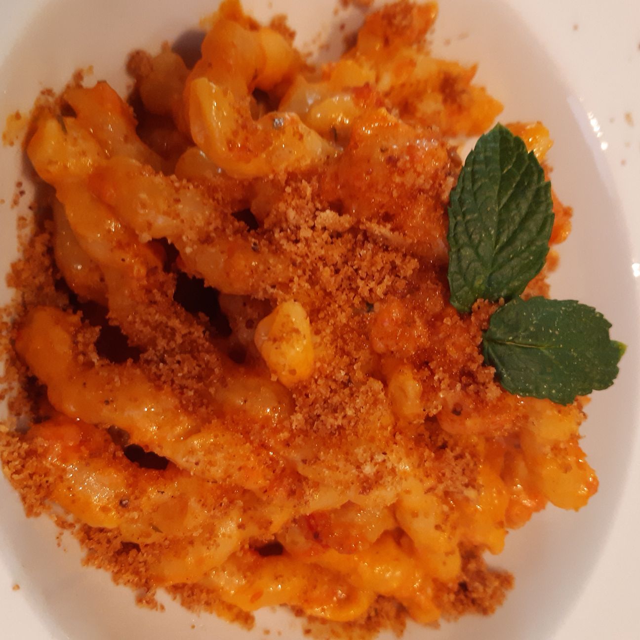 Busiate con pesto di pomodori secchi, ricotta di pecora al profumo di miele e spolverata di mollica tostata