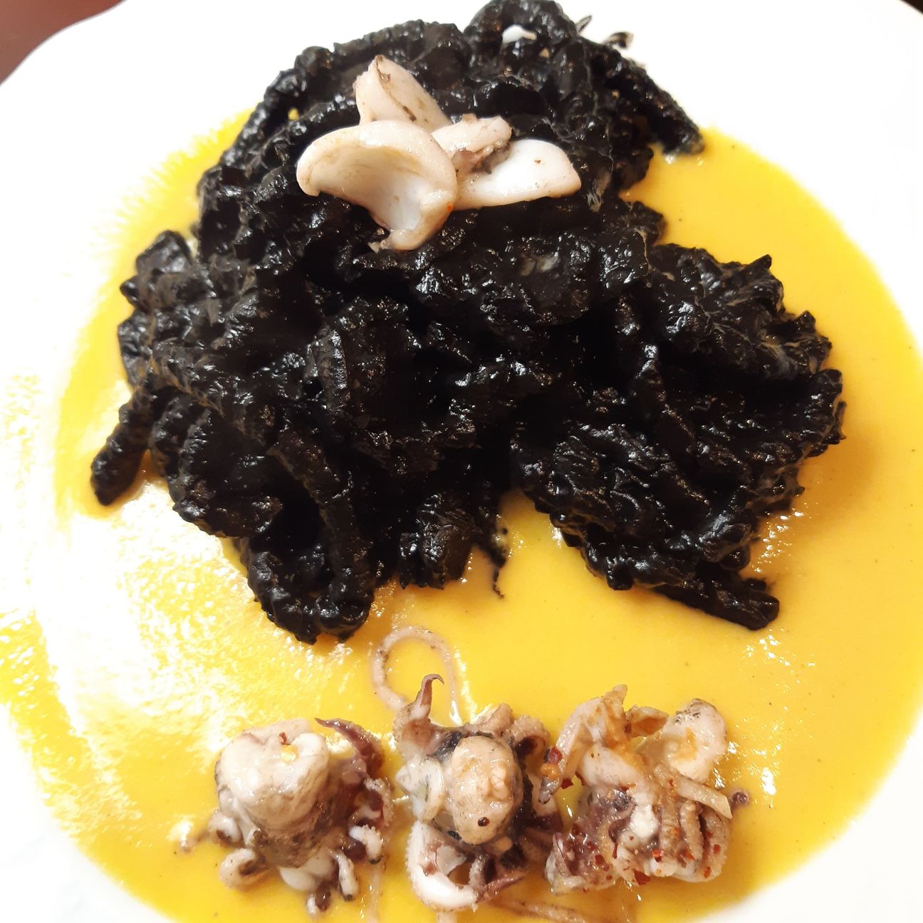 Busiate al nero di seppia su vellutata di zucca rossa