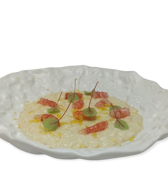 Risotto cacio pepe, crudo di gambero rosso e scorza di limone d'Amalfi