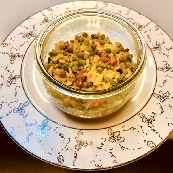 Risotto Pancetta e Piselli allo Zafferano in Vasocottura al Microonde Al.ta Cucina