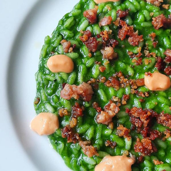 Risotto alle bietole e cavolo nero, maionese di pomodoro camone