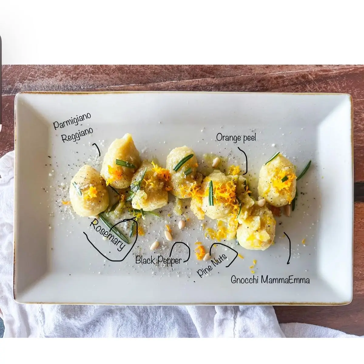 Gnocchi with brown butter sauce pine nuts rosemary and orange peel