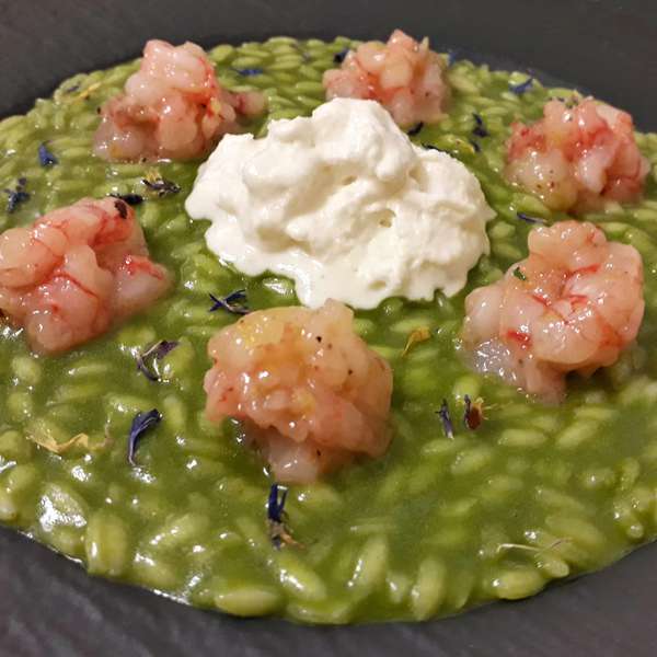 Risotto Arborio Classico, estratto di rucola, tartare gambero rosso
