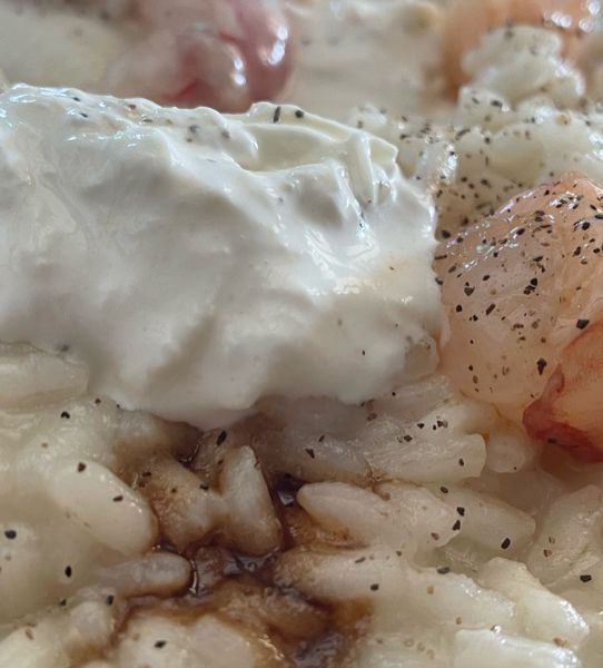 Risotto con burrata e gamberi crudi Al.ta Cucina